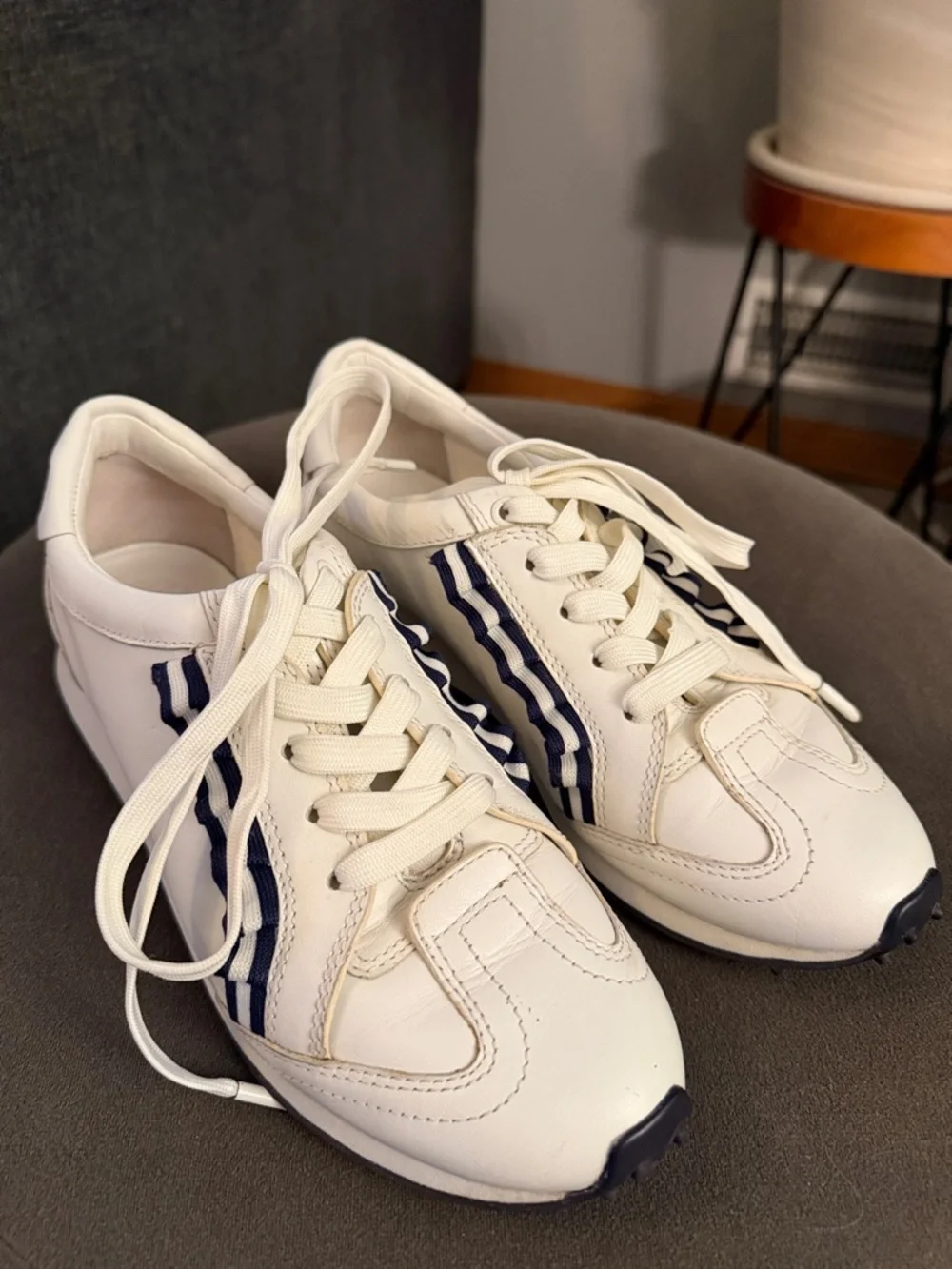 Tory Sport White Sneakers with Navy Ruffle Detail Golf Running Trainer